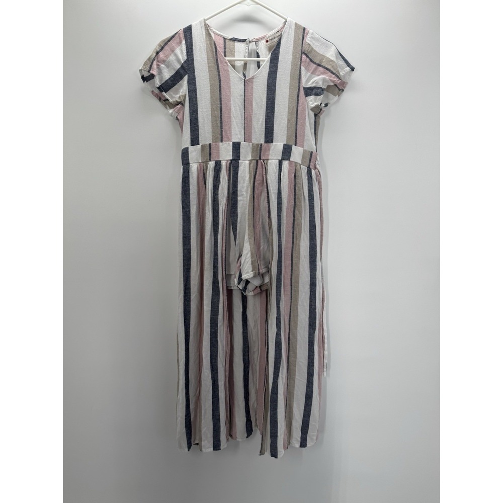 Poppies and Roses Striped Maxi Romper Dress Pink Navy Boho Coastal Size 14 - Picture 1 of 10